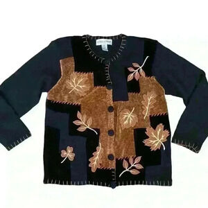 Vintage 80s Victoria Harbour Sweater Size M  Leaf Patchwork Print Black Fall
